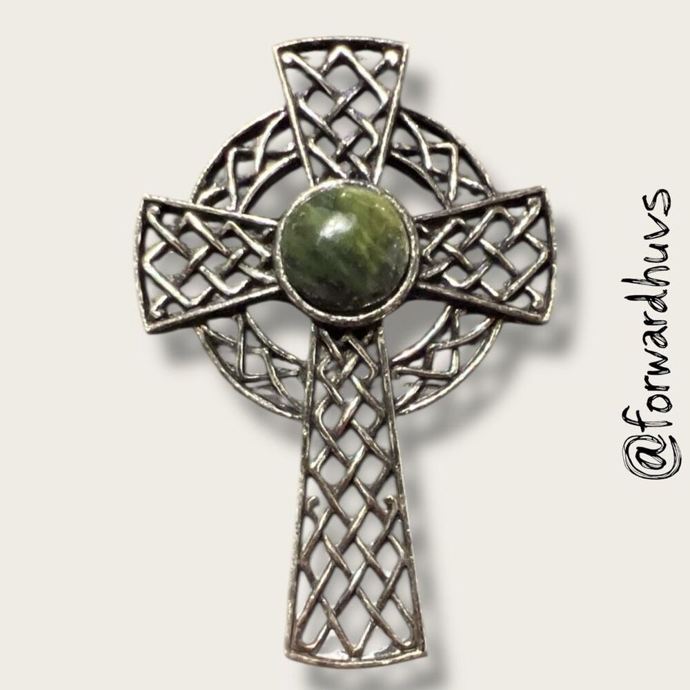 Vintage Sol D’or Celtic Cross Pendant – Interlaced Knotwork – Green Stone